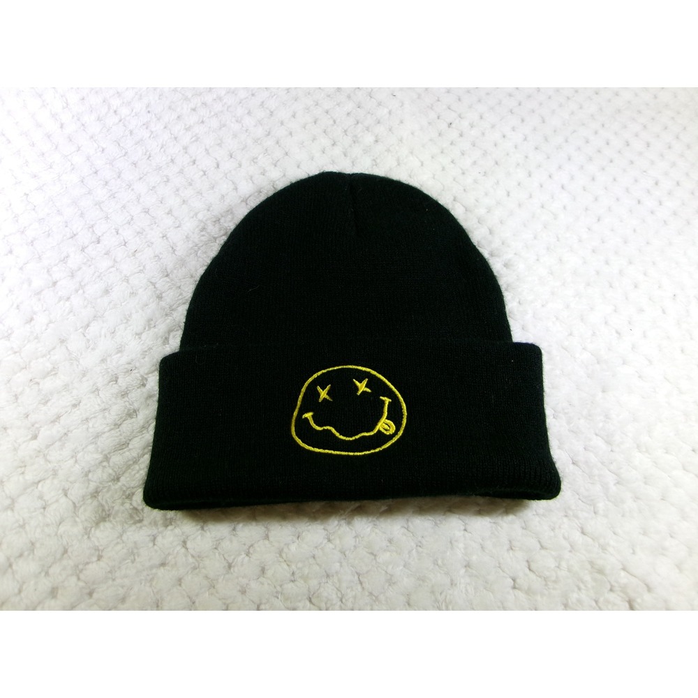 Nirvana Unisex OS Beanie Black Yellow Smiley Face Embroidered Knit Hat